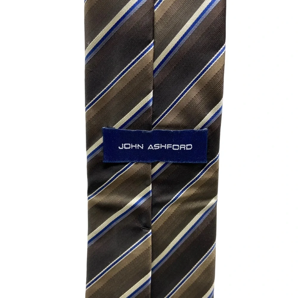 John Ashford Necktie. Dark Brown, Blue With White Stripes